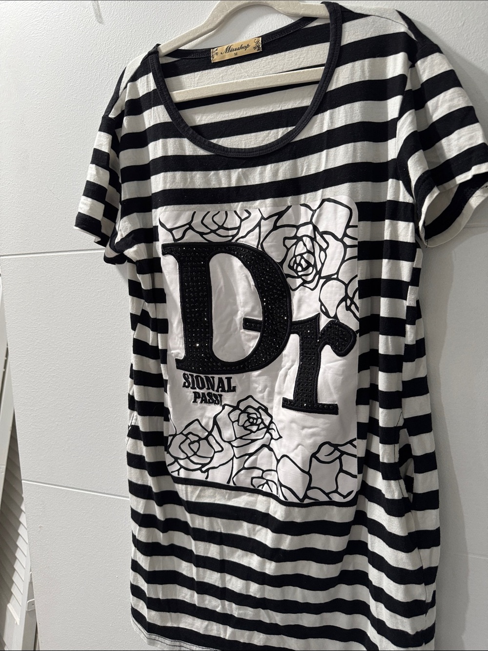 Miss Shop T-Shirt Dress Womens Medium Black White Good Striped Rhinestone Floral